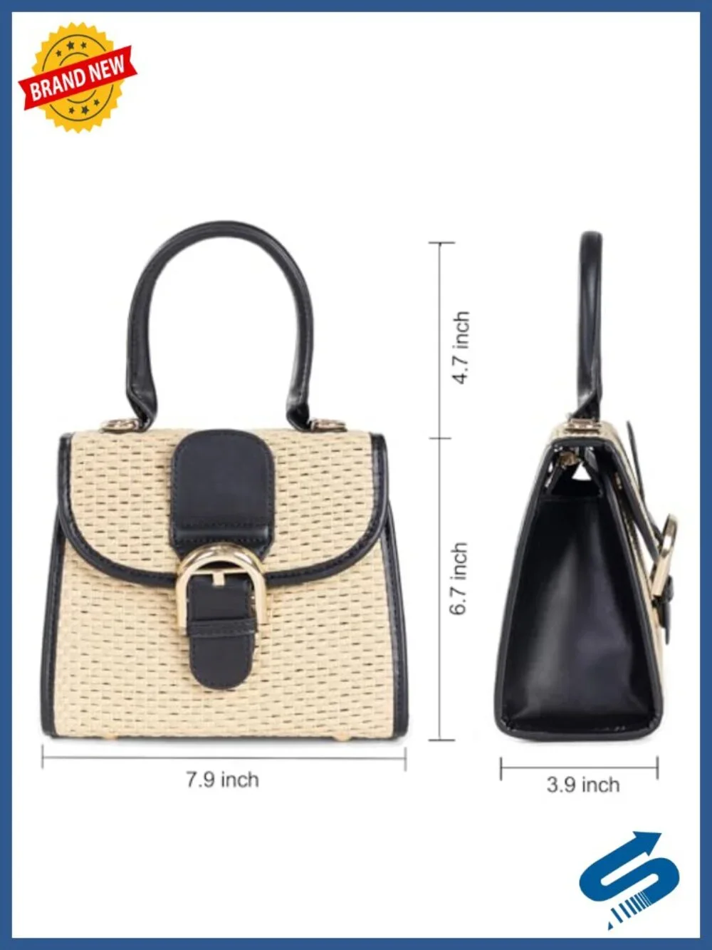 Straw Woven Cross Body Satchel Handbag with PU Leather Trim